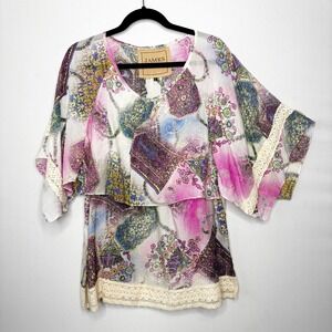 James Bryan Boho Paisley Print Kimono Top Size XL Split‎ Sleeve Blouse Lace Trim